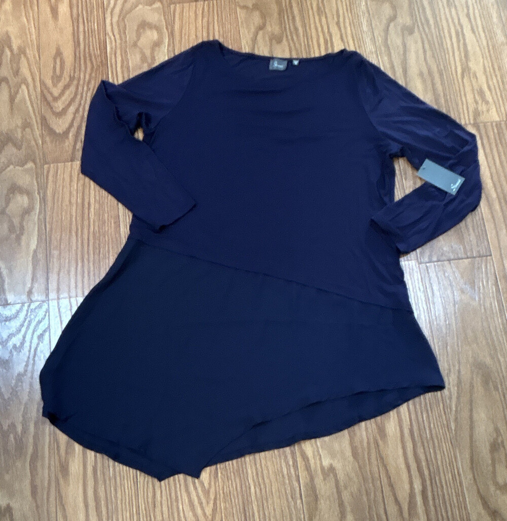 Strazzi Women XL Blue Solid Tunic Top long Sleeve Round Neck asymmetrical shape